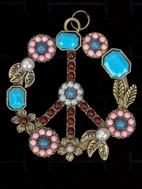 Vintage Peace Sign Pendant Necklace Floral Beaded Statement Hippie Boho Jewelry